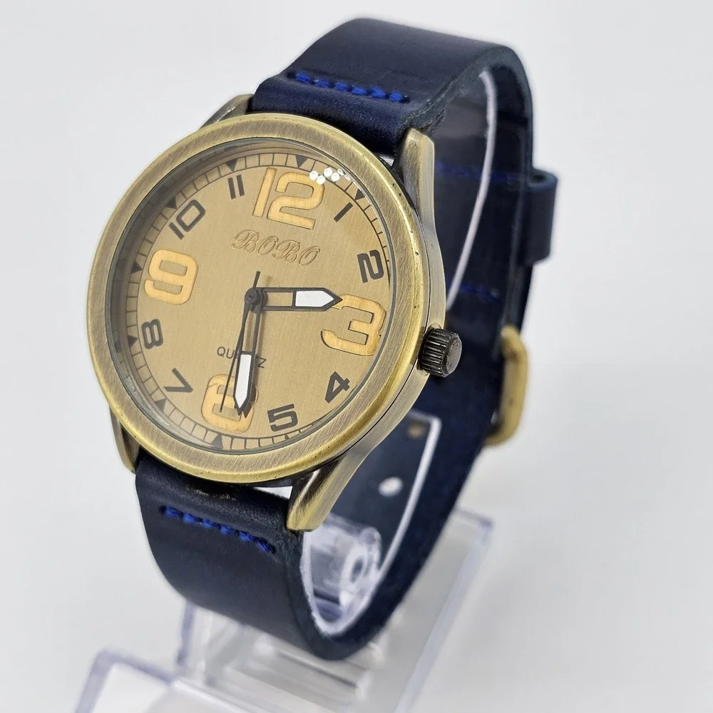 42MM Men's Analog Watch Gold Dial Dark‎ Blue Leahter Bands New Battery